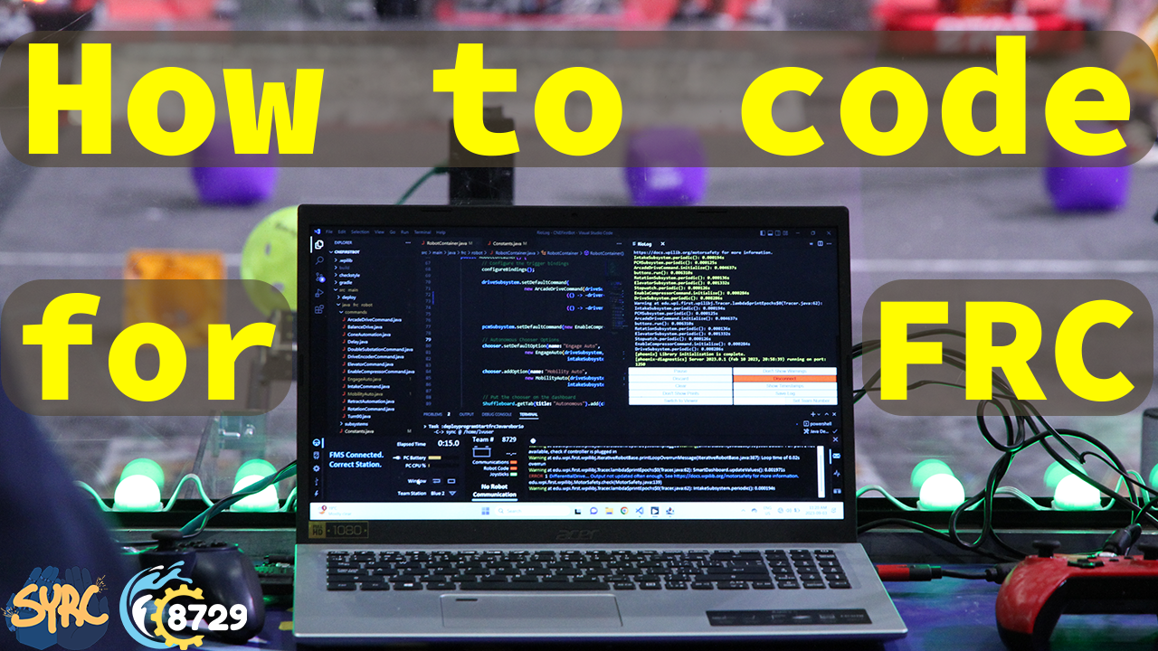 a YouTube thumbnail with a laptop of code and the title, How to code for FRC